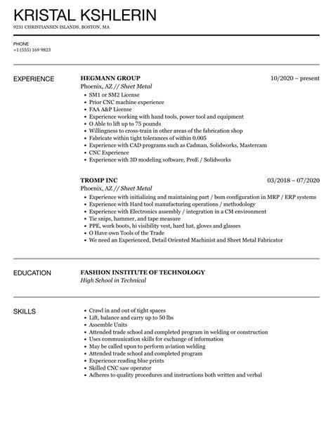 sheet metal resume examples|sheet metal resume sample.